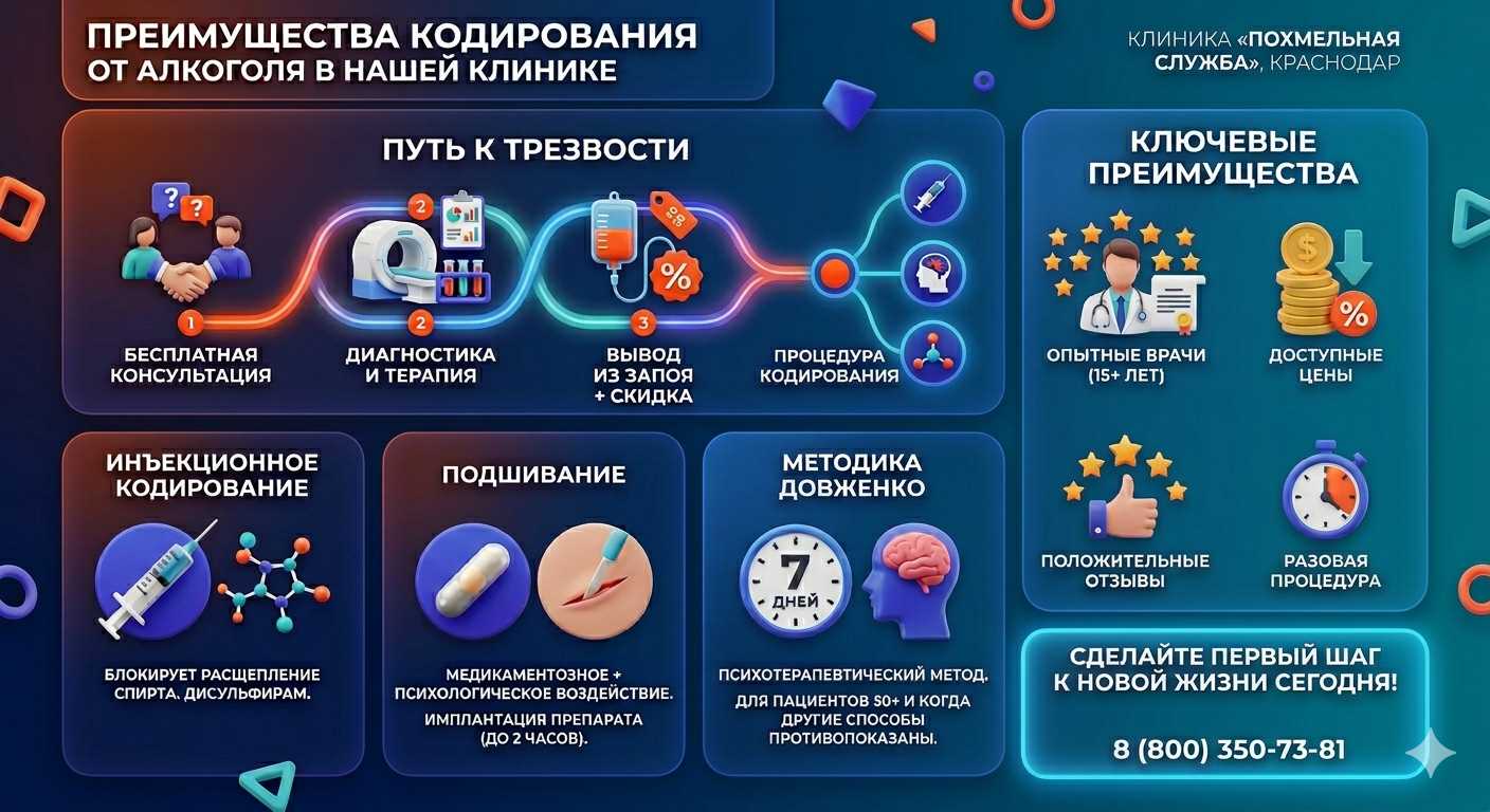 Инфографика о методах кодирования от алкоголя в Грибановском: инъекции, подшивание, метод Довженко. Преимущества клиники и этапы лечения.