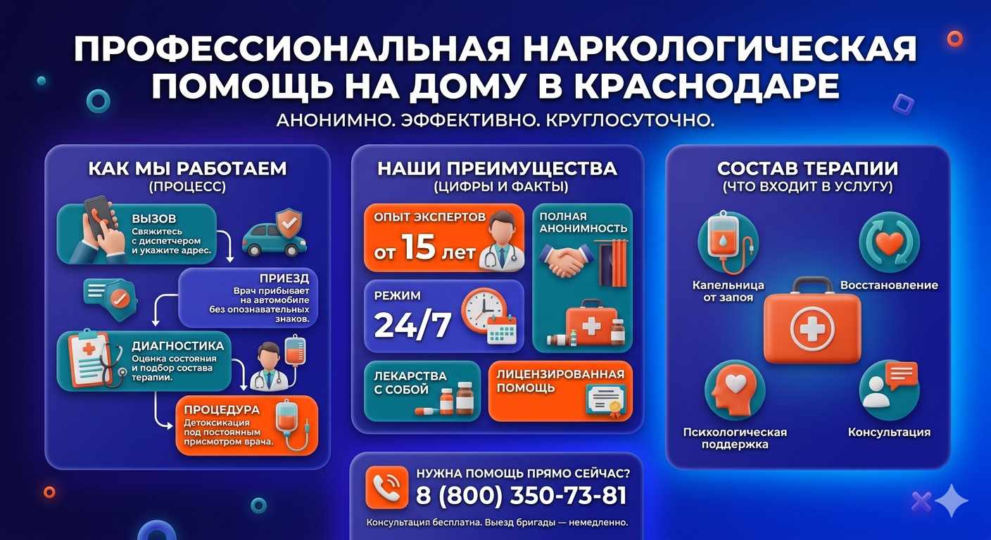 Инфографика о принципах лечения алкоголизма на дому в Грибановском: этапы вызова нарколога, преимущества анонимной детоксикации и состав медицинской помощи.